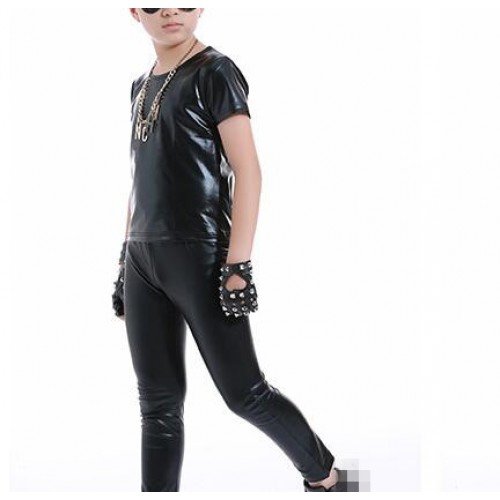 Boys street jazz dance costumes school competition kids children model show performance outfits pink rivet long coat leather black pants and t shirt